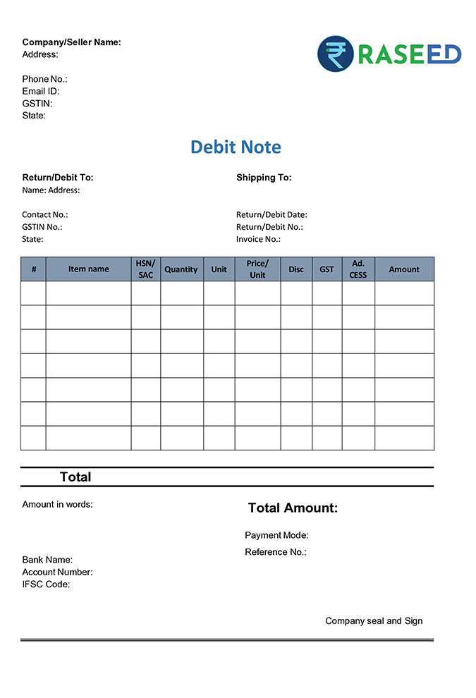 Debit Note Format in Excel