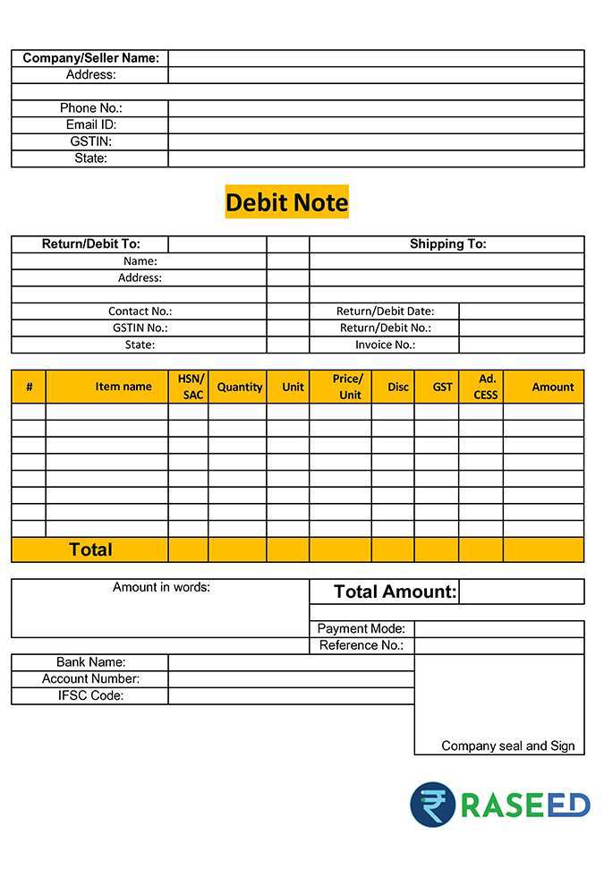 Debit Note Format in Word