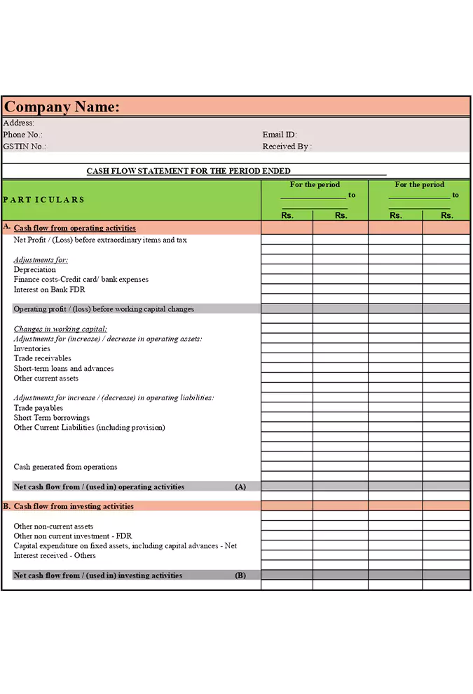 Free PDF Format Cash Flow Statement