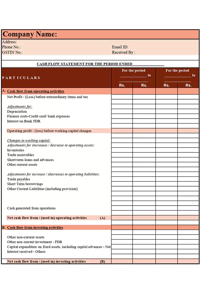 Online Cash Flow Statement Format in Indirect Method