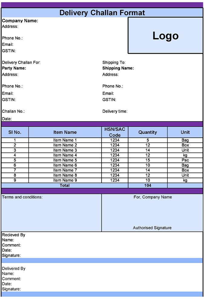 Best Excel Delivery Challan Format