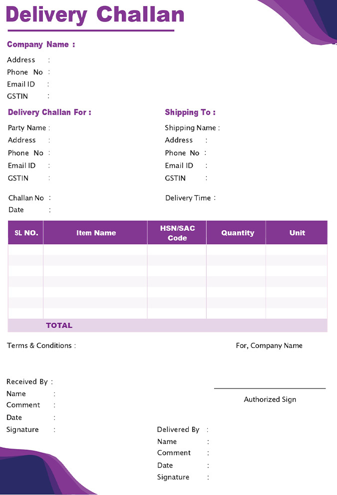 PDF Delivery Challan Format