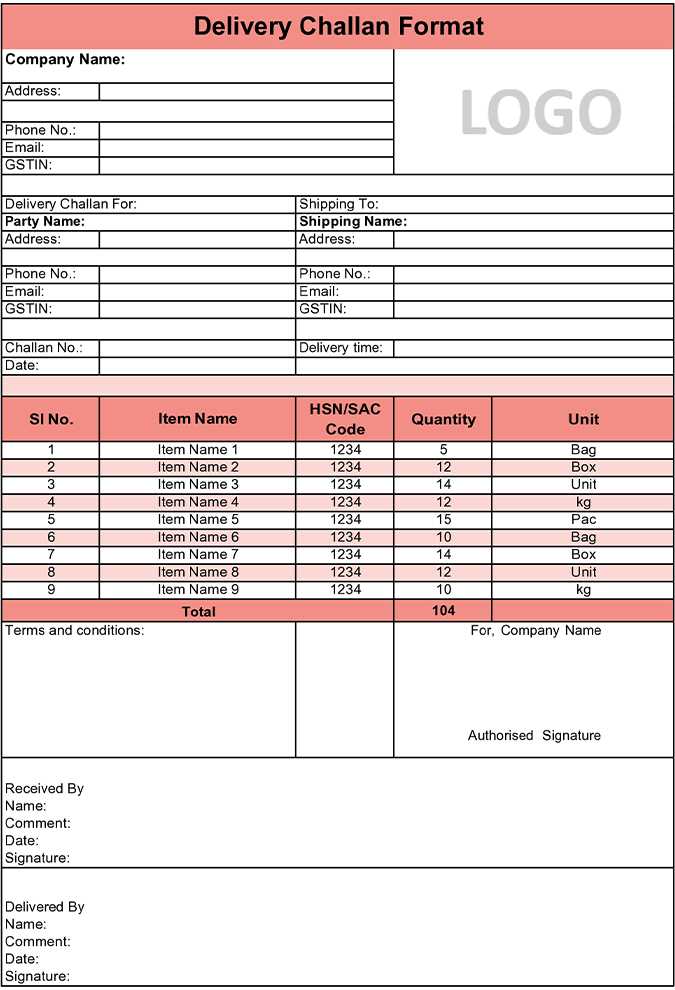 Best Word Delivery Challan Format