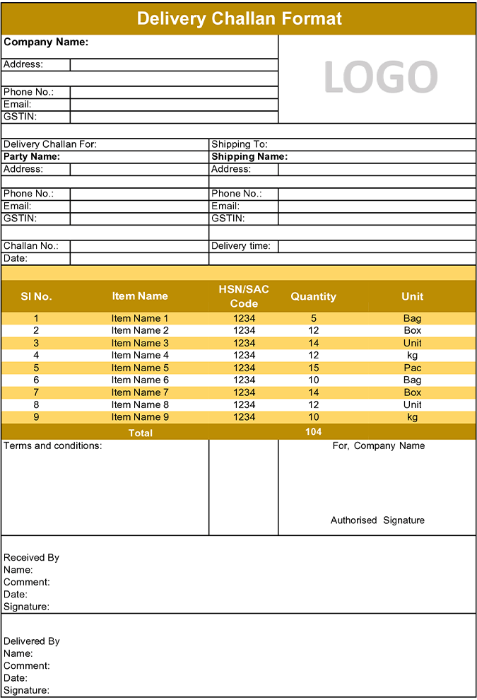 Word Delivery Challan Format